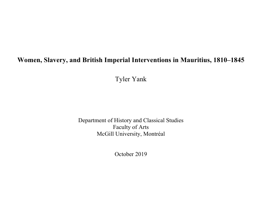 Women, Slavery, and British Imperial Interventions in Mauritius, 1810–1845
